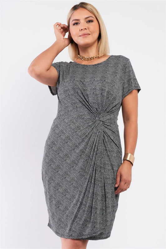 Junior Plus Black & White Checkered Gathered Wrap Twist Front Detail Dress /2-2-1 - Tasha Apparel Wholesale