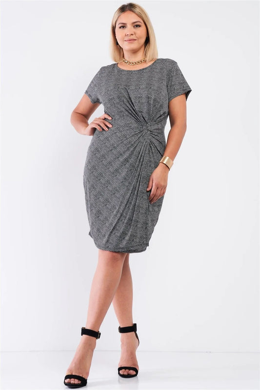 Junior Plus Black & White Checkered Gathered Wrap Twist Front Detail Dress /3-2-1 - Tasha Apparel Wholesale