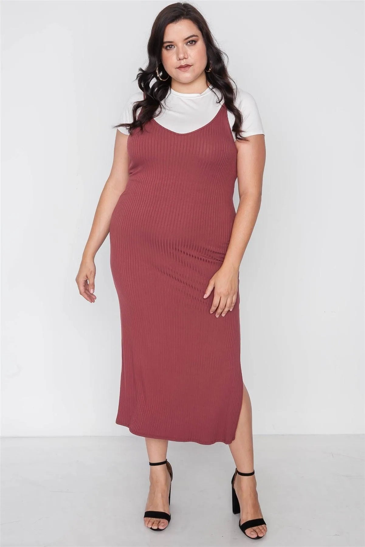 Junior Plus Size Ribbed Rust Two Piece Dress /2-2-2 - Tasha Apparel Wholesale