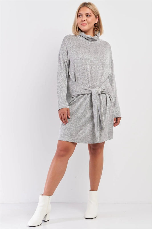 Junior Plus Knit Turtleneck Self-Tie Waist Mini Sweater Dress /1-2-1-1 - Tasha Apparel Wholesale