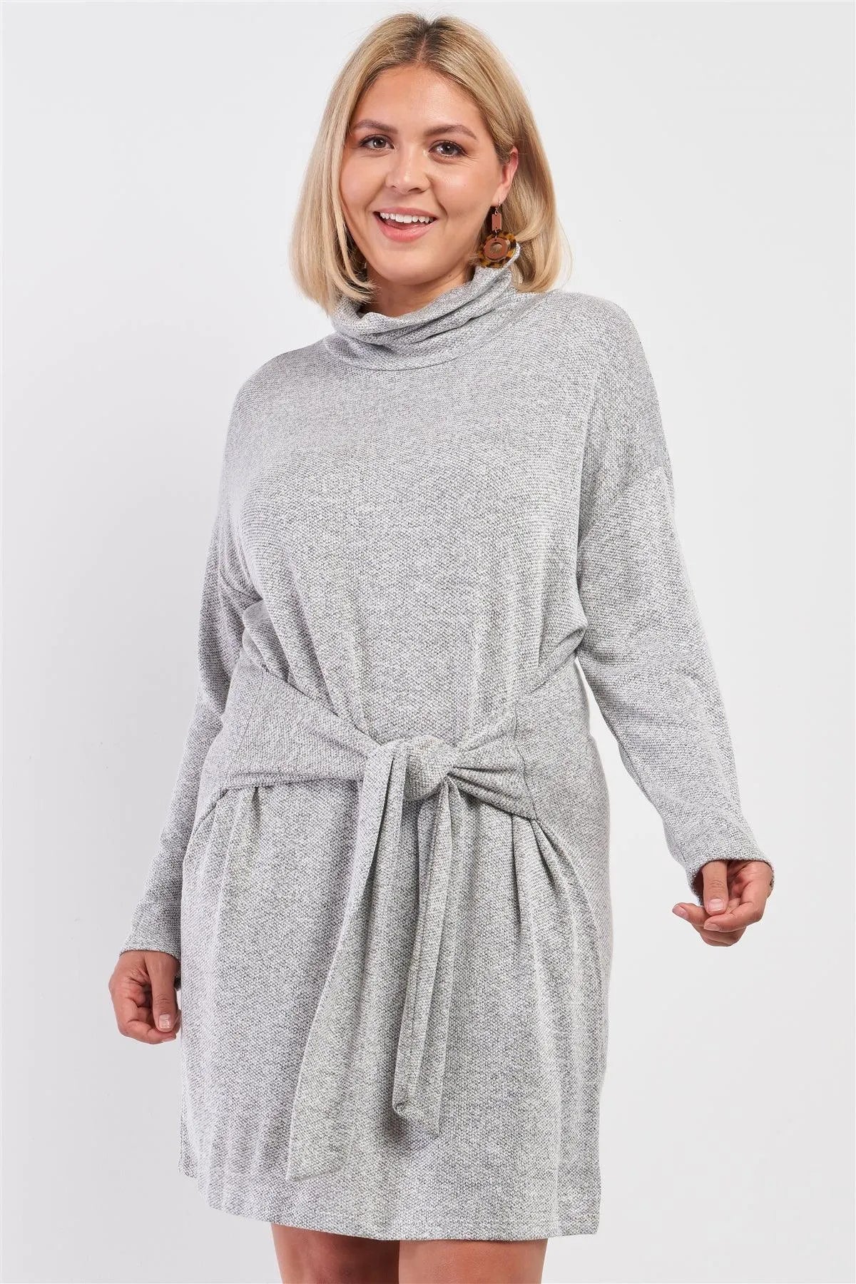 Junior Plus Knit Turtleneck Self-Tie Waist Mini Sweater Dress /1-2-1-1 - Tasha Apparel Wholesale