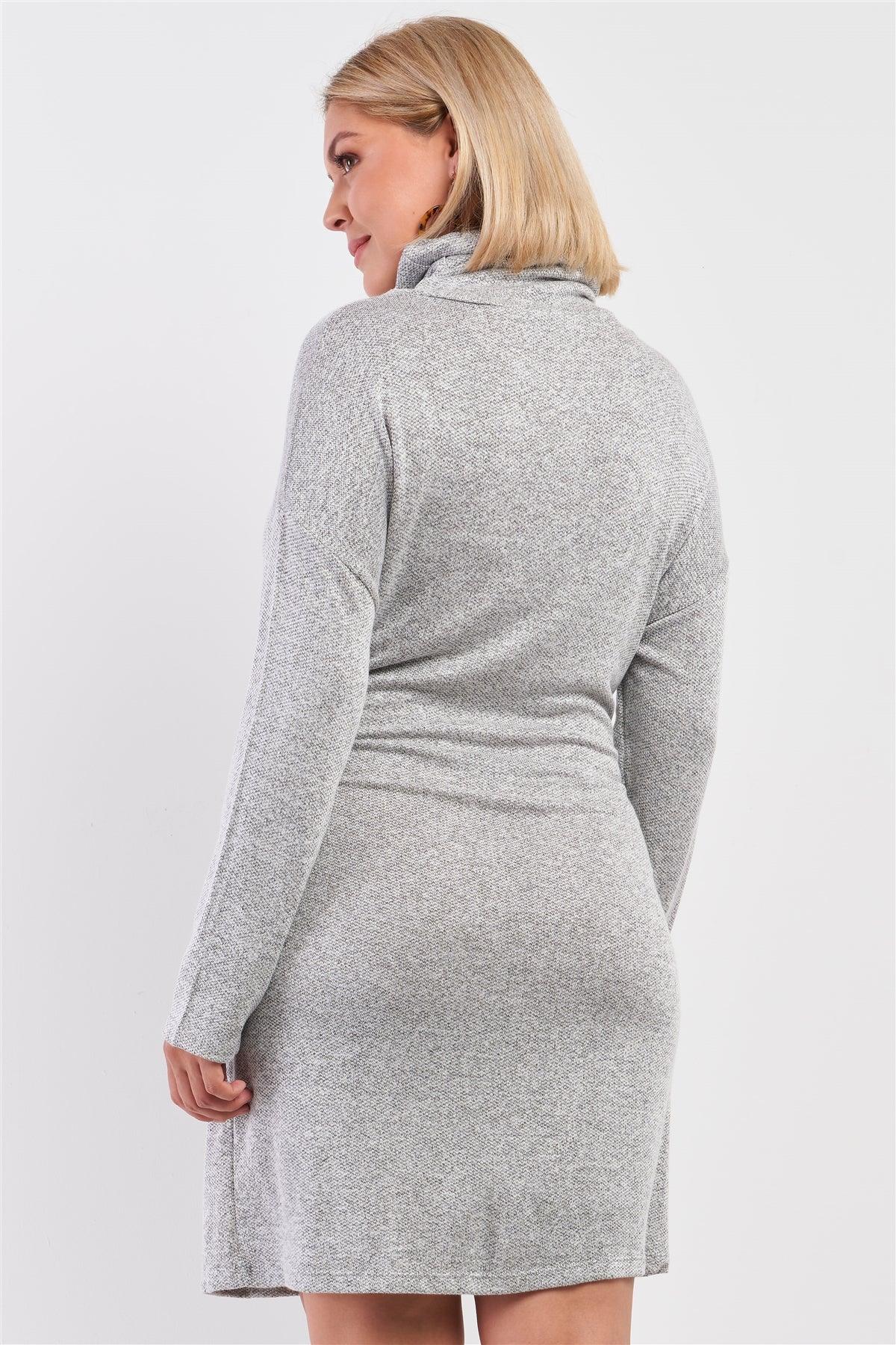 Junior Plus Heather Grey Knit Long Sleeve Turtleneck Self-Tie Waist Detail Mini Sweater Dress /2-2-1-1