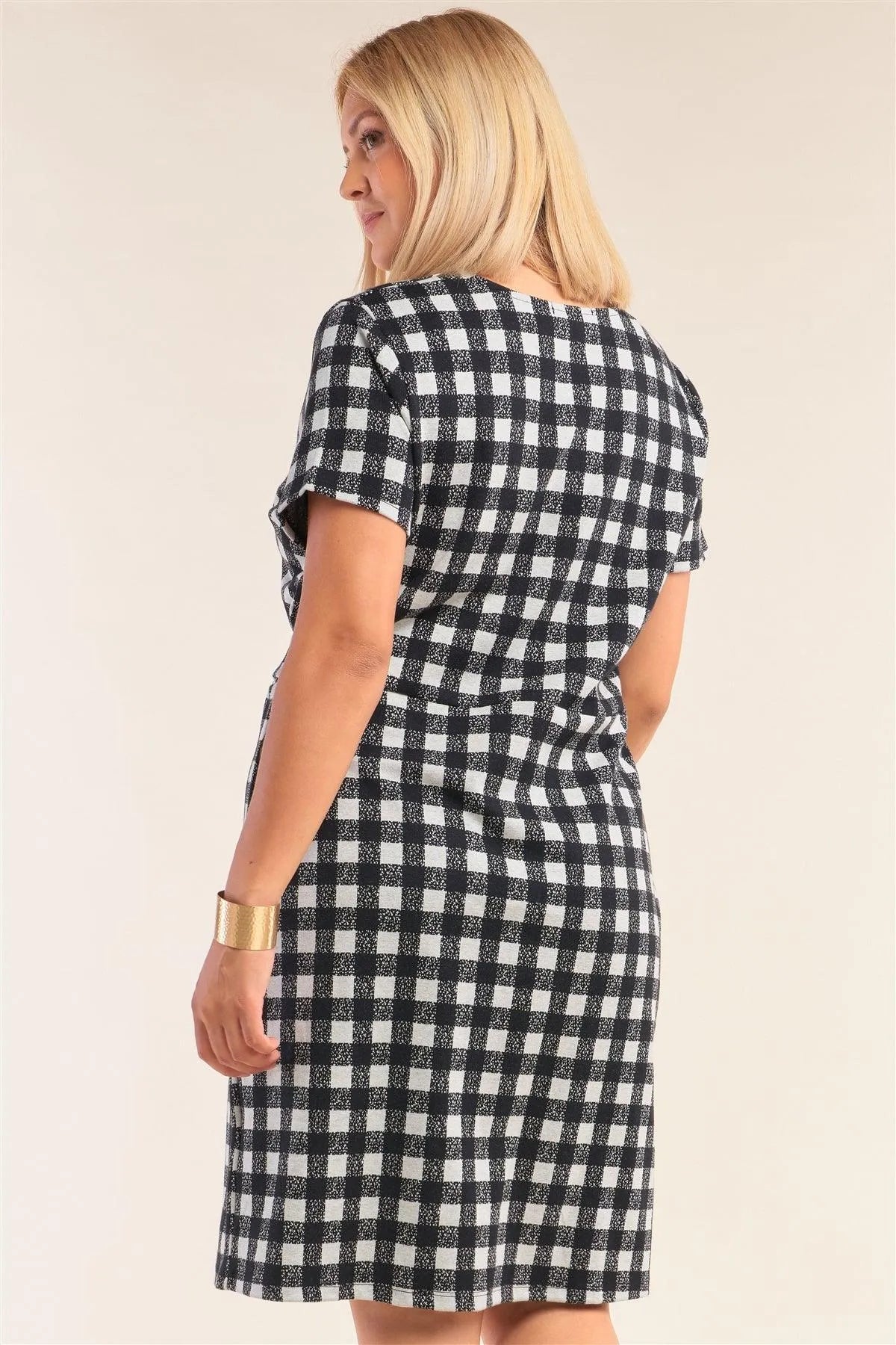 Junior Plus Size Checkered Fitted Wrap Plunge Midi Dress - Tasha Apparel Wholesale