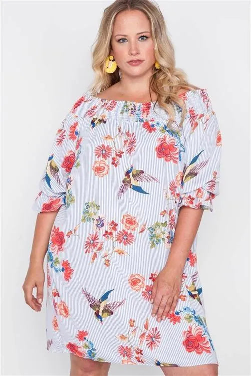 Plus Size Blue White Off The Shoulder Dress - Tasha Apparel Wholesale