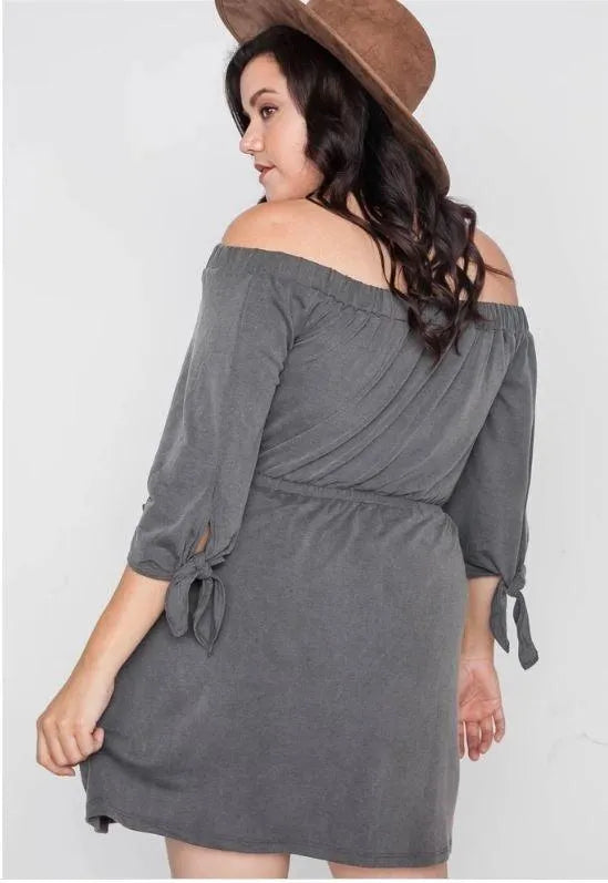 Plus Size Charcoal Off The Shoulder Basic Mini Dress - Tasha Apparel Wholesale