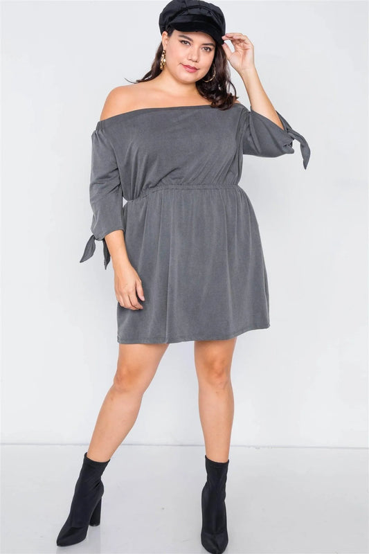 Plus Size Dark Grey Off The Shoulder Basic Mini Dress - Tasha Apparel Wholesale