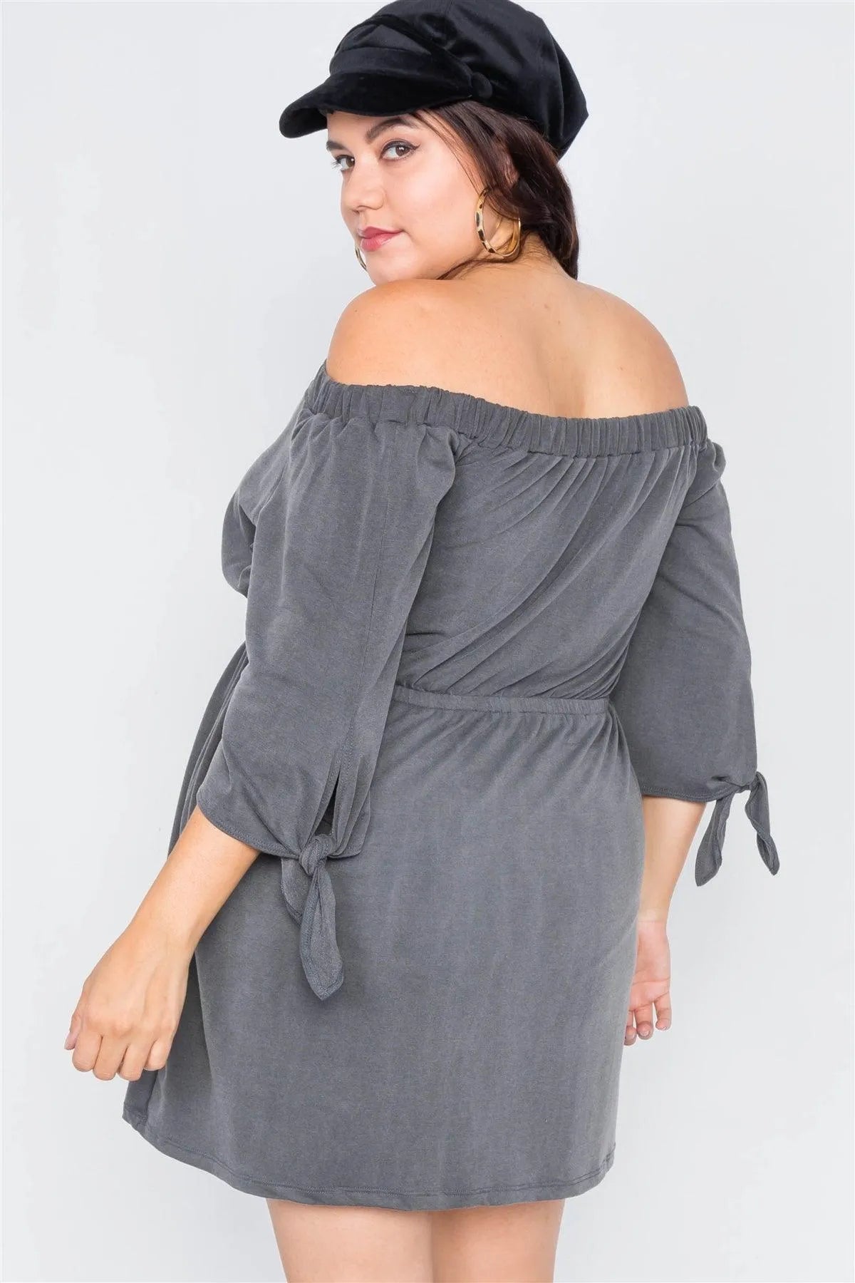 Plus Size Dark Grey Off The Shoulder Basic Mini Dress - Tasha Apparel Wholesale