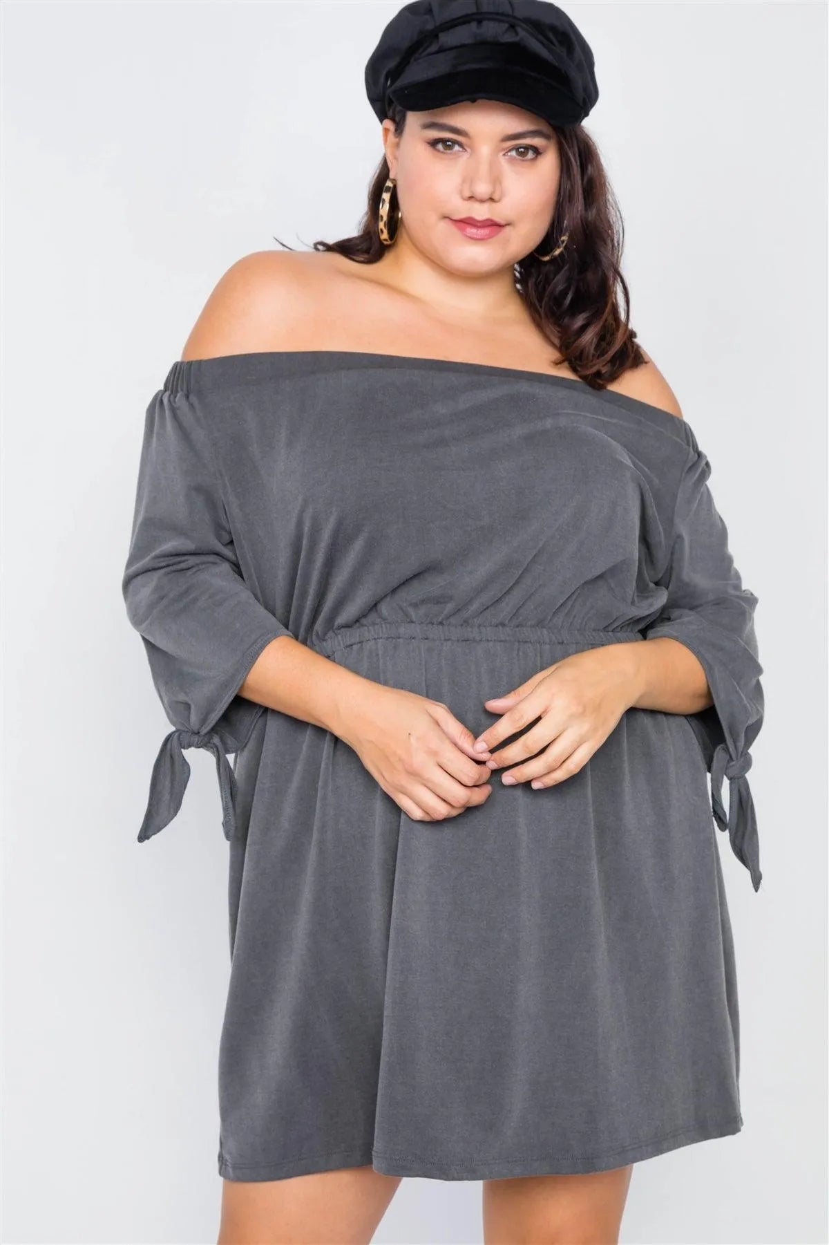 Plus Size Dark Grey Off The Shoulder Basic Mini Dress - Tasha Apparel Wholesale
