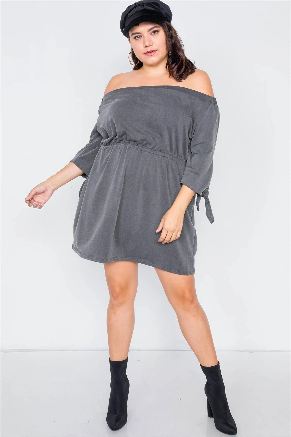 Plus Size Dark Grey Off The Shoulder Basic Mini Dress - Tasha Apparel Wholesale