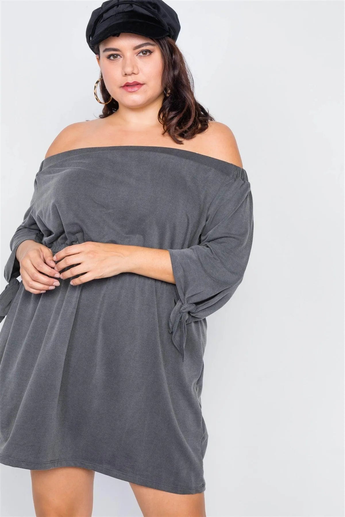 Plus Size Dark Grey Off The Shoulder Basic Mini Dress - Tasha Apparel Wholesale