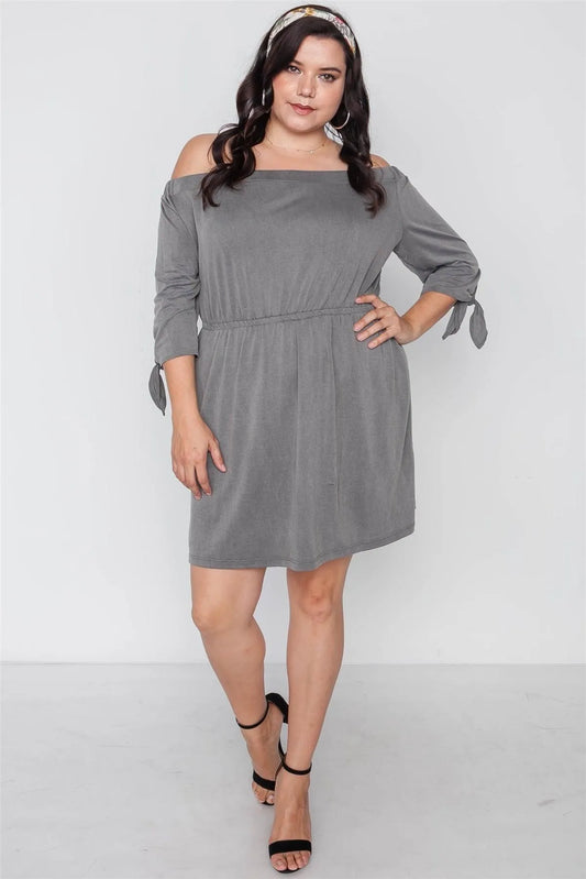 Plus Size Grey Off The Shoulder Basic Mini Dress - Tasha Apparel Wholesale