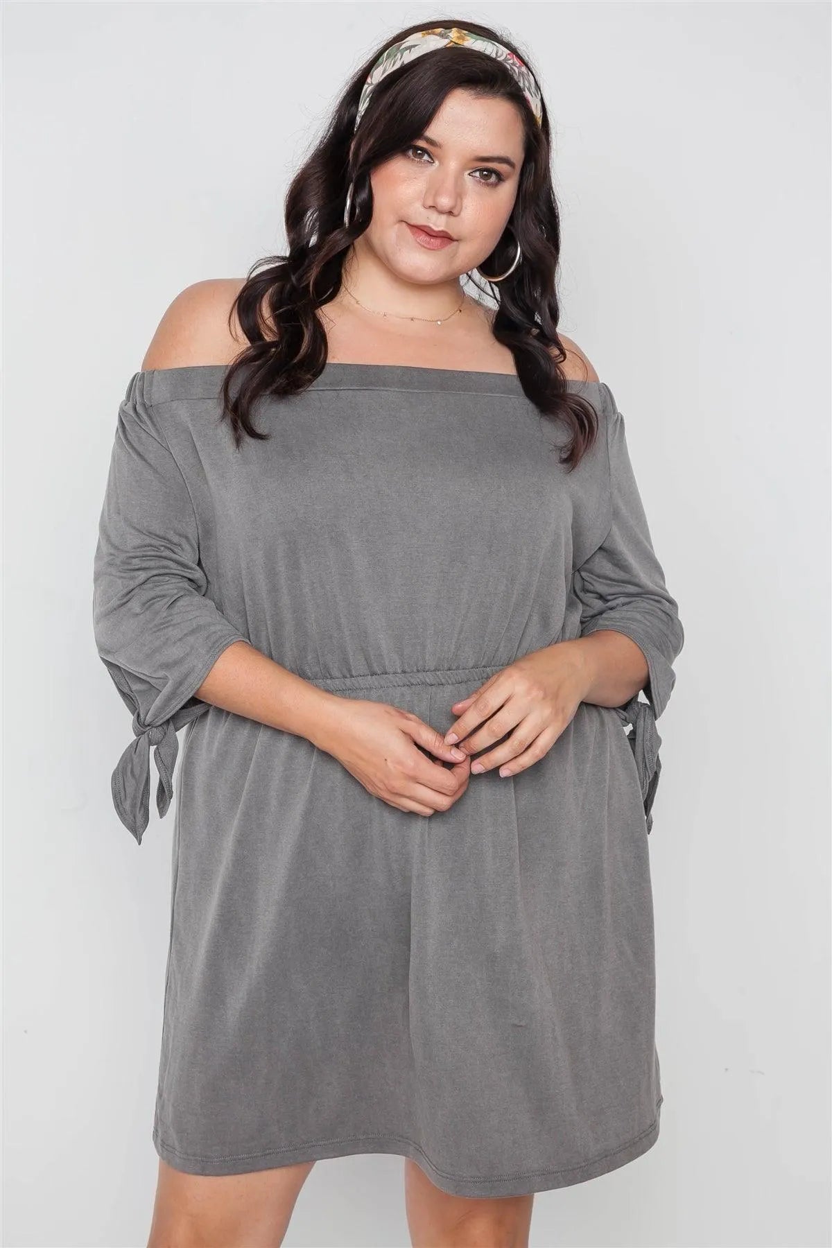 Plus Size Grey Off The Shoulder Basic Mini Dress - Tasha Apparel Wholesale