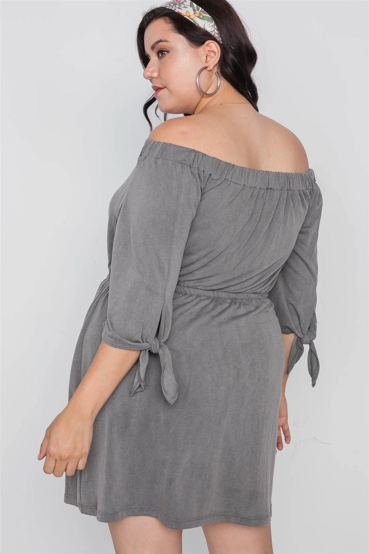 Junior Plus Size Grey Off The Shoulder Basic Mini Dress /2-2-2 - Tasha Apparel Wholesale