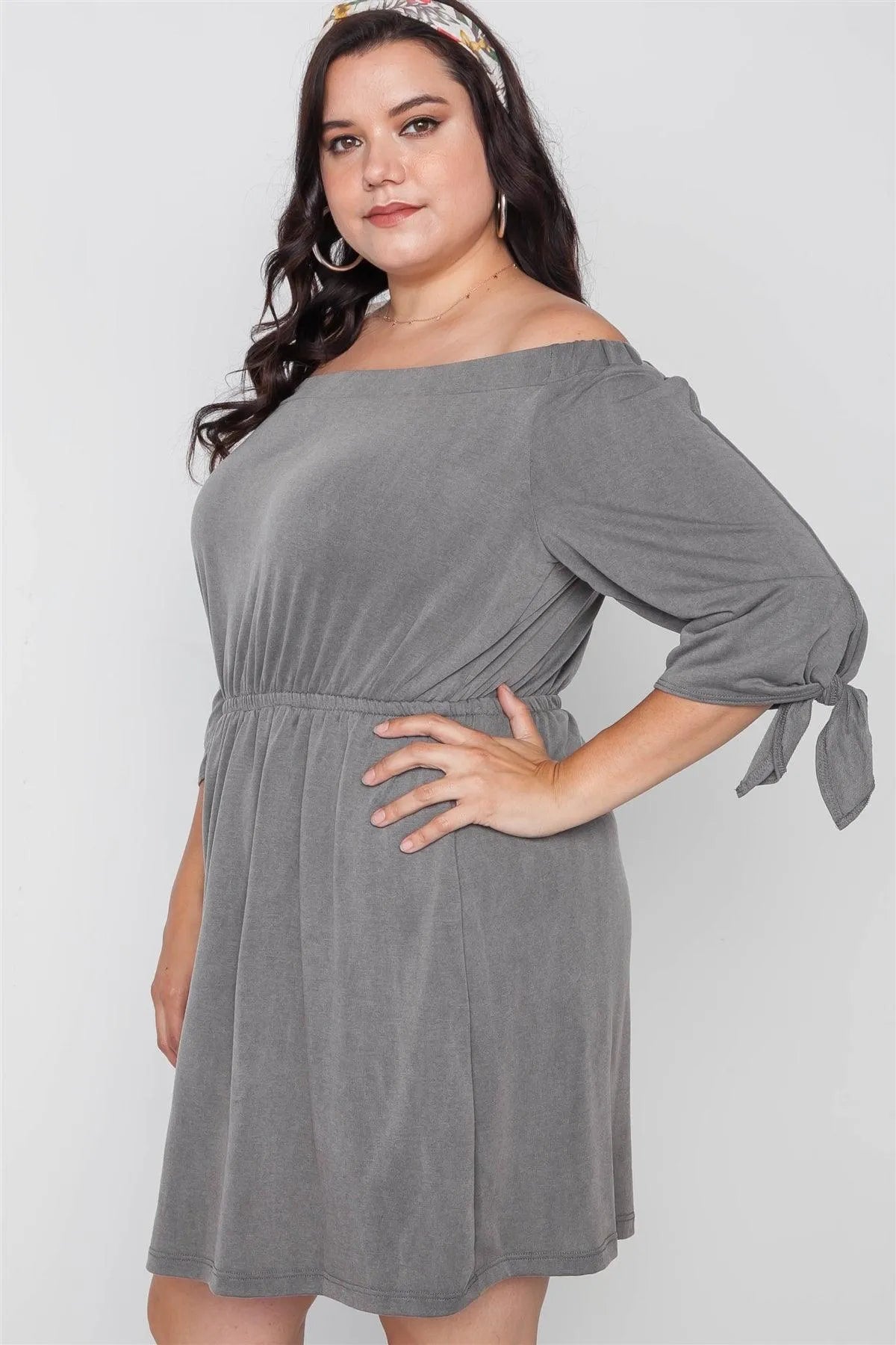Junior Plus Size Grey Off The Shoulder Basic Mini Dress /2-2-2 - Tasha Apparel Wholesale