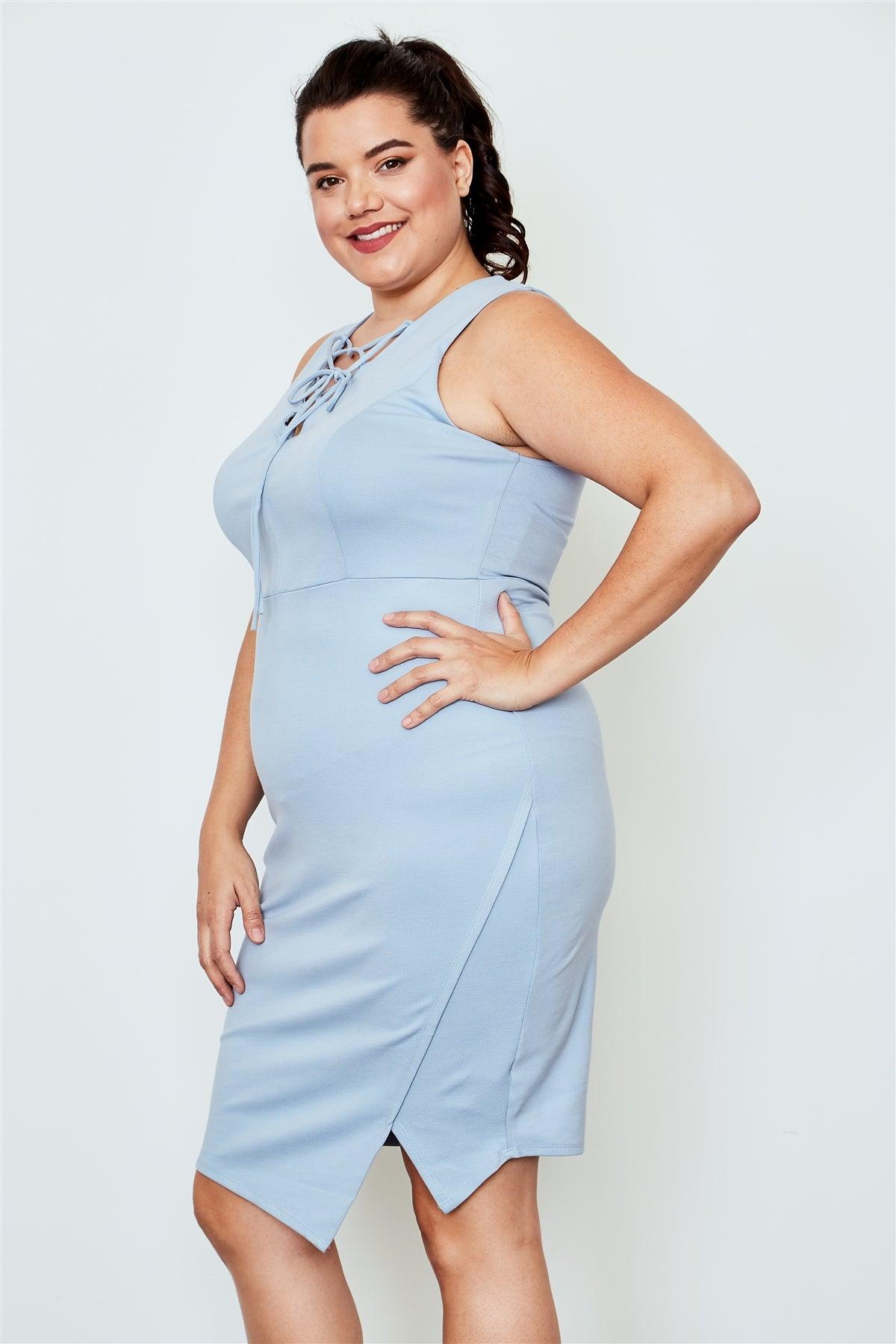 Junior Plus Size Light Blue Lace Up Asymmetrical Front Dress /2-2-2