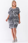 Junior Plus Blue Grey Leopard Print Round Neck Short Sleeve Self-Tie Drawstring Waistline Mini Dress / 2-2-1 - Tasha Apparel Wholesale