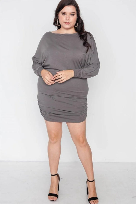 Plus Size Grey Batwing Basic Mini Dress - Tasha Apparel Wholesale