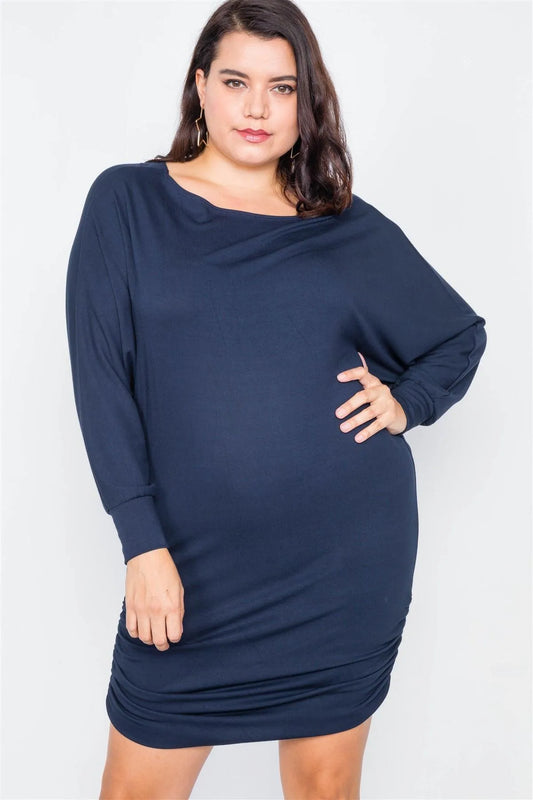 Plus Size Navy Batwing Basic Mini Dress - Tasha Apparel Wholesale
