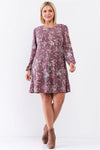 Junior Plus Washed Burgundy Floral Print Long Puff Sleeve Relaxed Mini Dress /3-2-1 - Tasha Apparel Wholesale