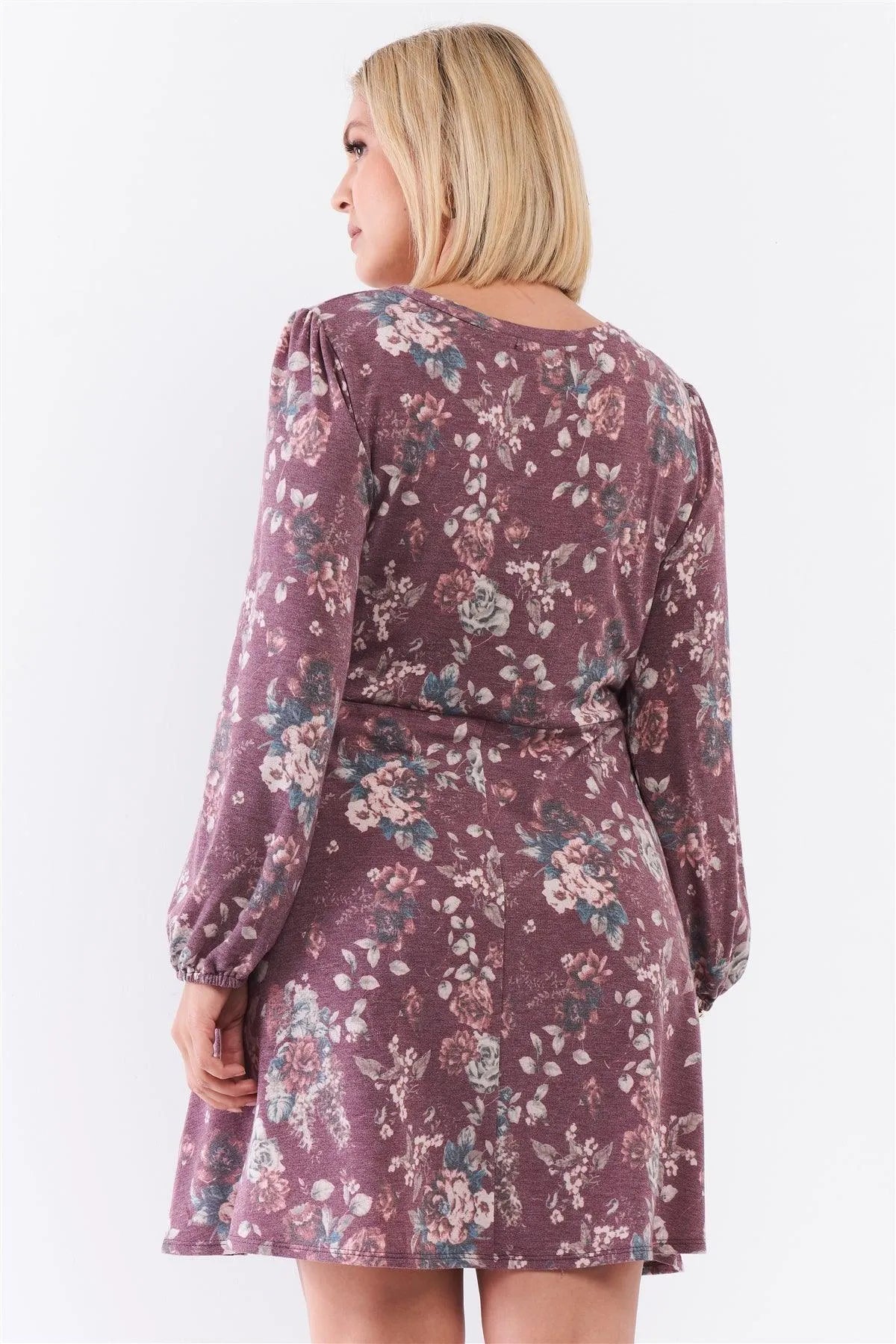 Junior Plus Washed Burgundy Floral Print Long Puff Sleeve Relaxed Mini Dress /3-2-1 - Tasha Apparel Wholesale