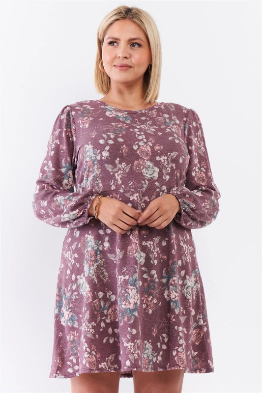 Junior Plus Washed Burgundy Floral Print Long Puff Sleeve Relaxed Mini Dress /2-2-1 - Tasha Apparel Wholesale