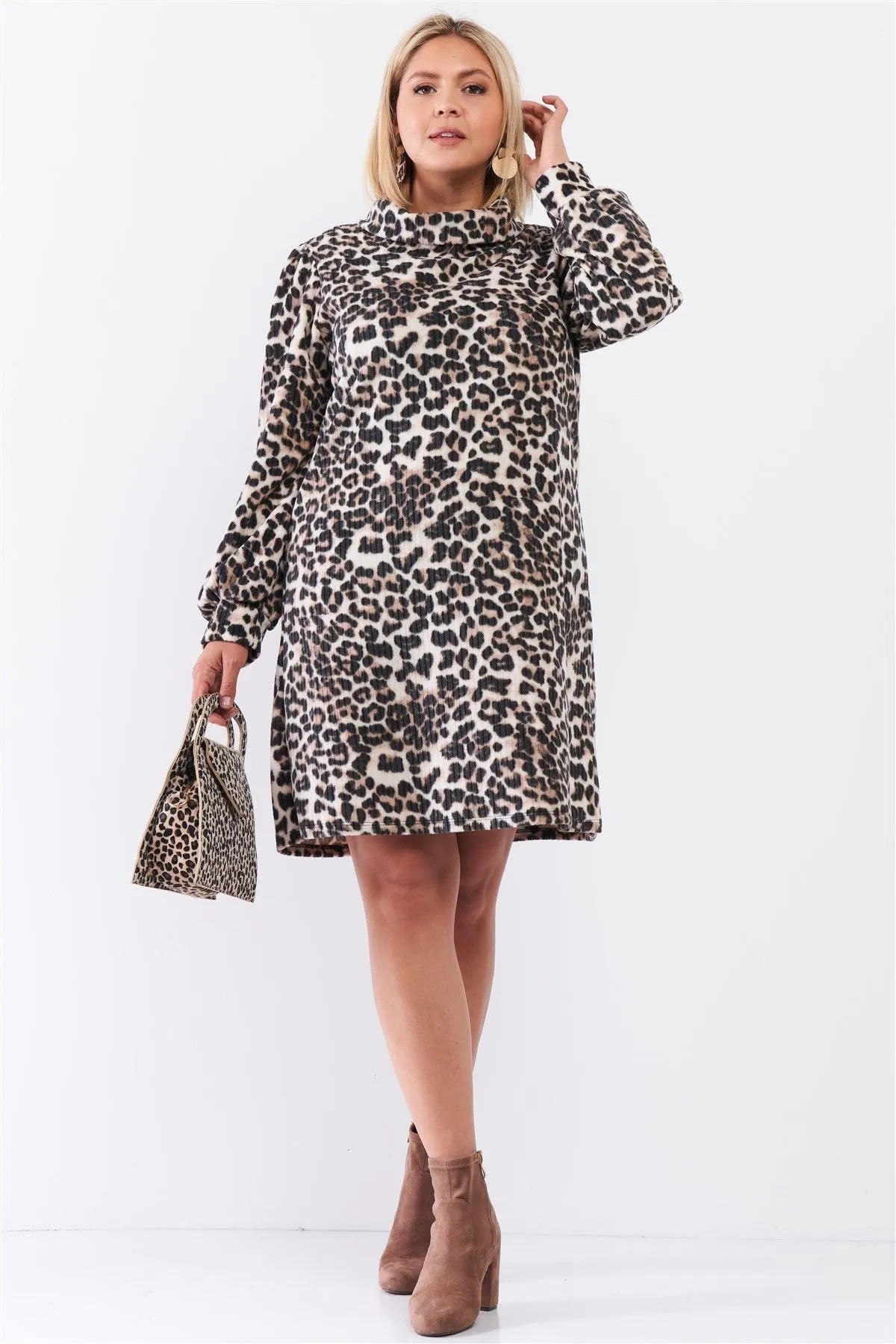 Junior Plus Size Leopard Print Ribbed Cowl Neck Balloon Sleeve Mini Dress /2-2-1 - Tasha Apparel Wholesale