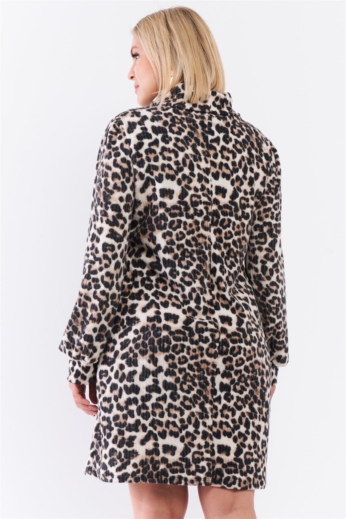 Junior Plus Size Leopard Print Ribbed Cowl Neck Balloon Sleeve Mini Dress /2-2-1