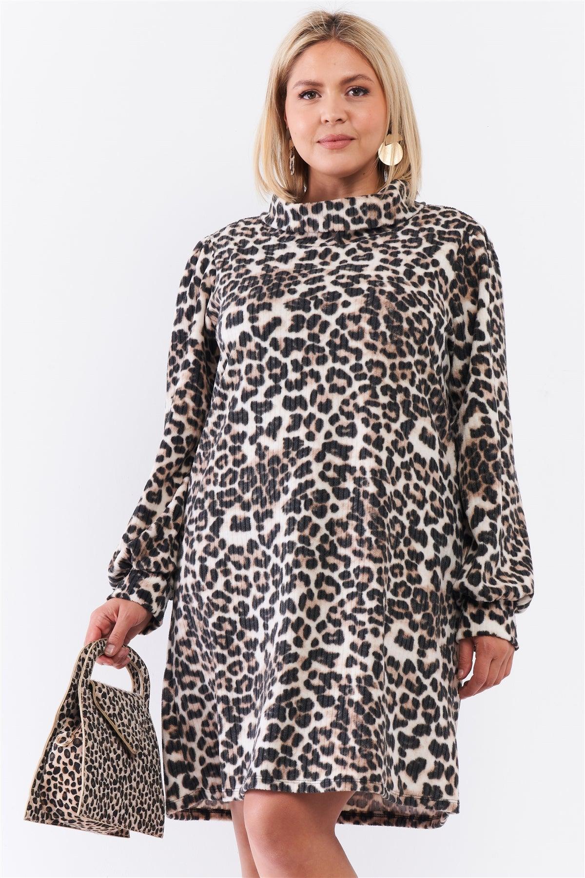 Junior Plus Size Leopard Print Ribbed Cowl Neck Balloon Sleeve Mini Dress /2-2-1