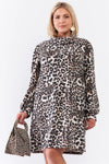Junior Plus Size Leopard Print Ribbed Cowl Neck Balloon Sleeve Mini Dress /3-2-1 - Tasha Apparel Wholesale