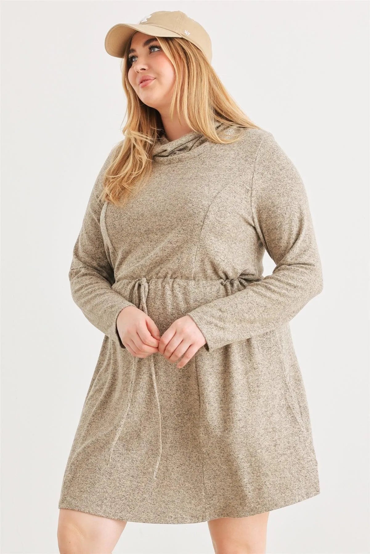 Junior Plus Taupe Turtleneck Elastic Waist Long Sleeve Midi Dress /3-2-1 - Tasha Apparel Wholesale