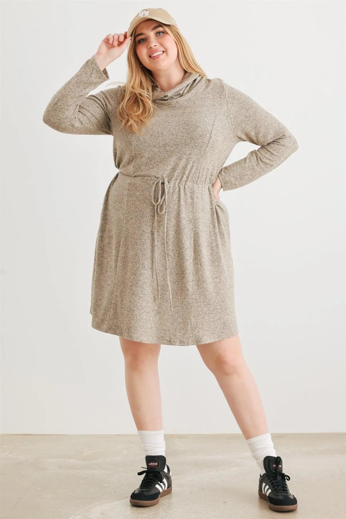 Junior Plus Taupe Turtleneck Elastic Waist Long Sleeve Midi Dress /3-2-1 - Tasha Apparel Wholesale