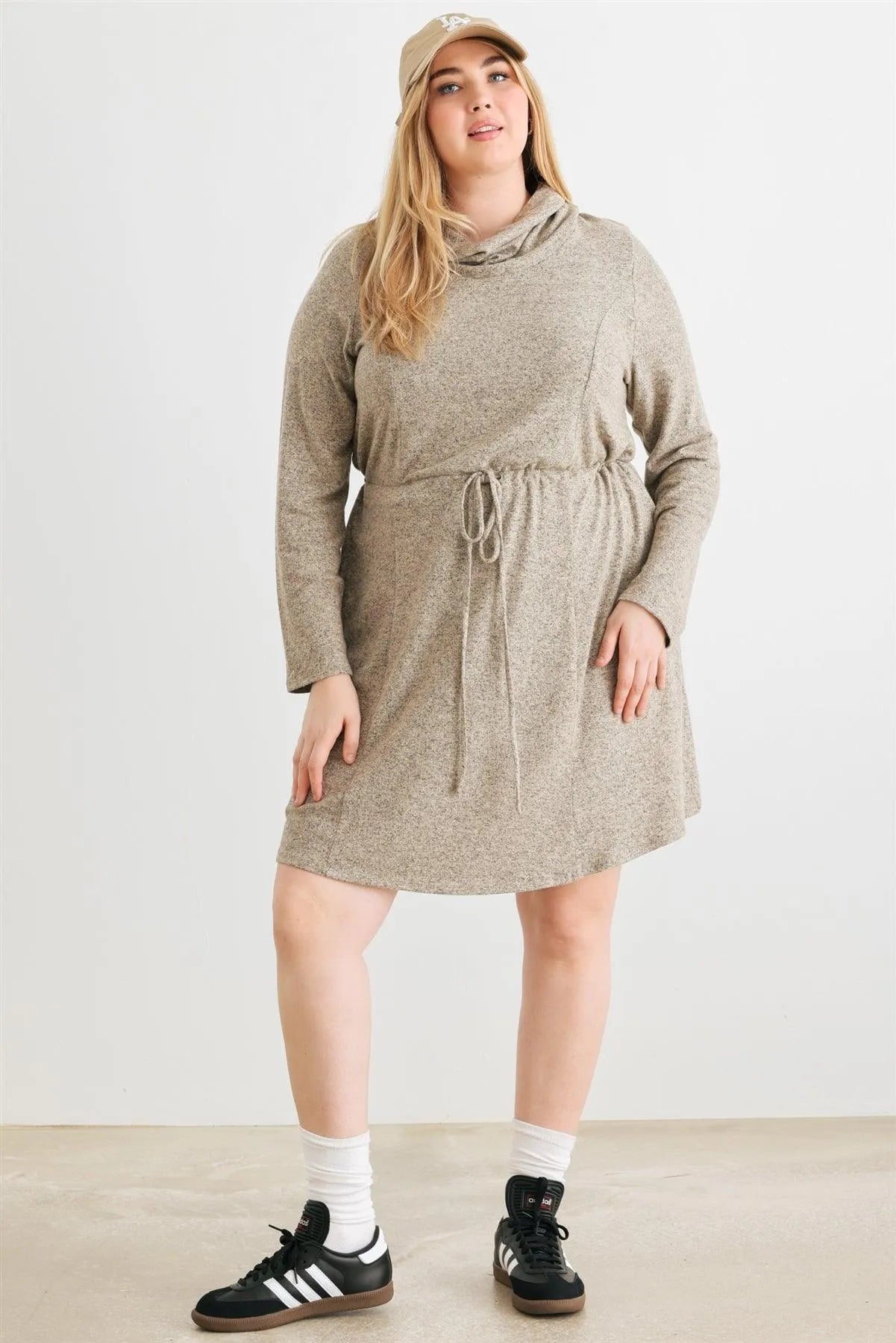 Junior Plus Taupe Turtleneck Elastic Waist Long Sleeve Midi Dress /3-2-1 - Tasha Apparel Wholesale