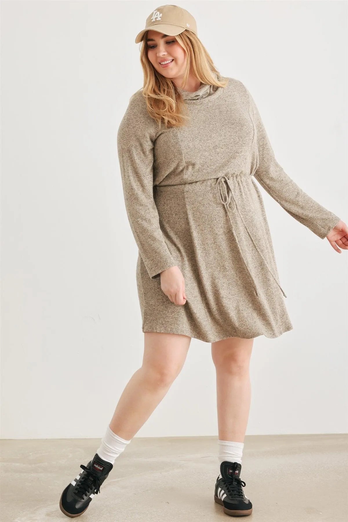 Junior Plus Taupe Turtleneck Elastic Waist Long Sleeve Mini Dress /4-1-1 - Tasha Apparel Wholesale