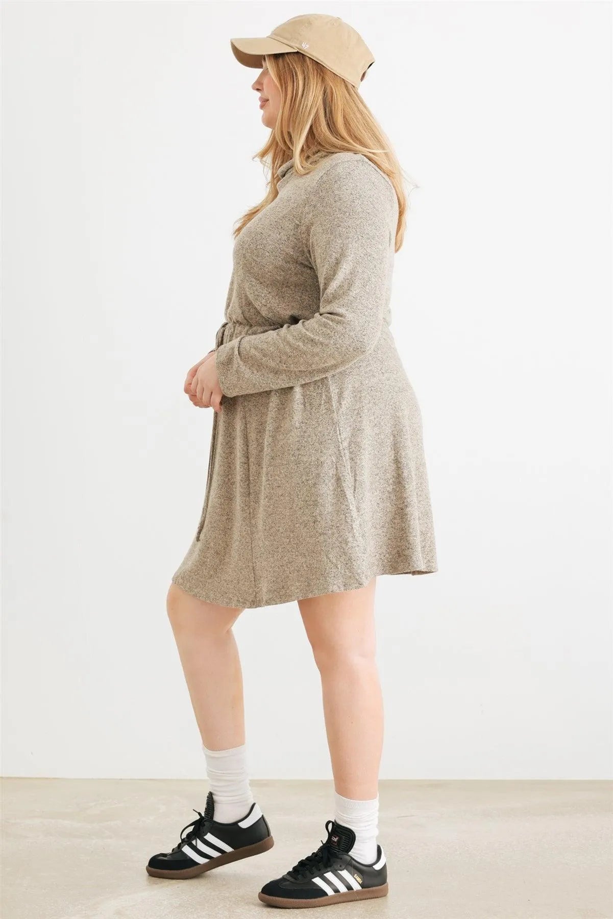 Junior Plus Taupe Turtleneck Elastic Waist Long Sleeve Mini Dress /4-1-1 - Tasha Apparel Wholesale