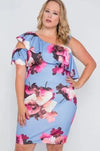 Plus Size Periwinkle Blue Floral Flounce Sleeve Dress - Tasha Apparel Wholesale