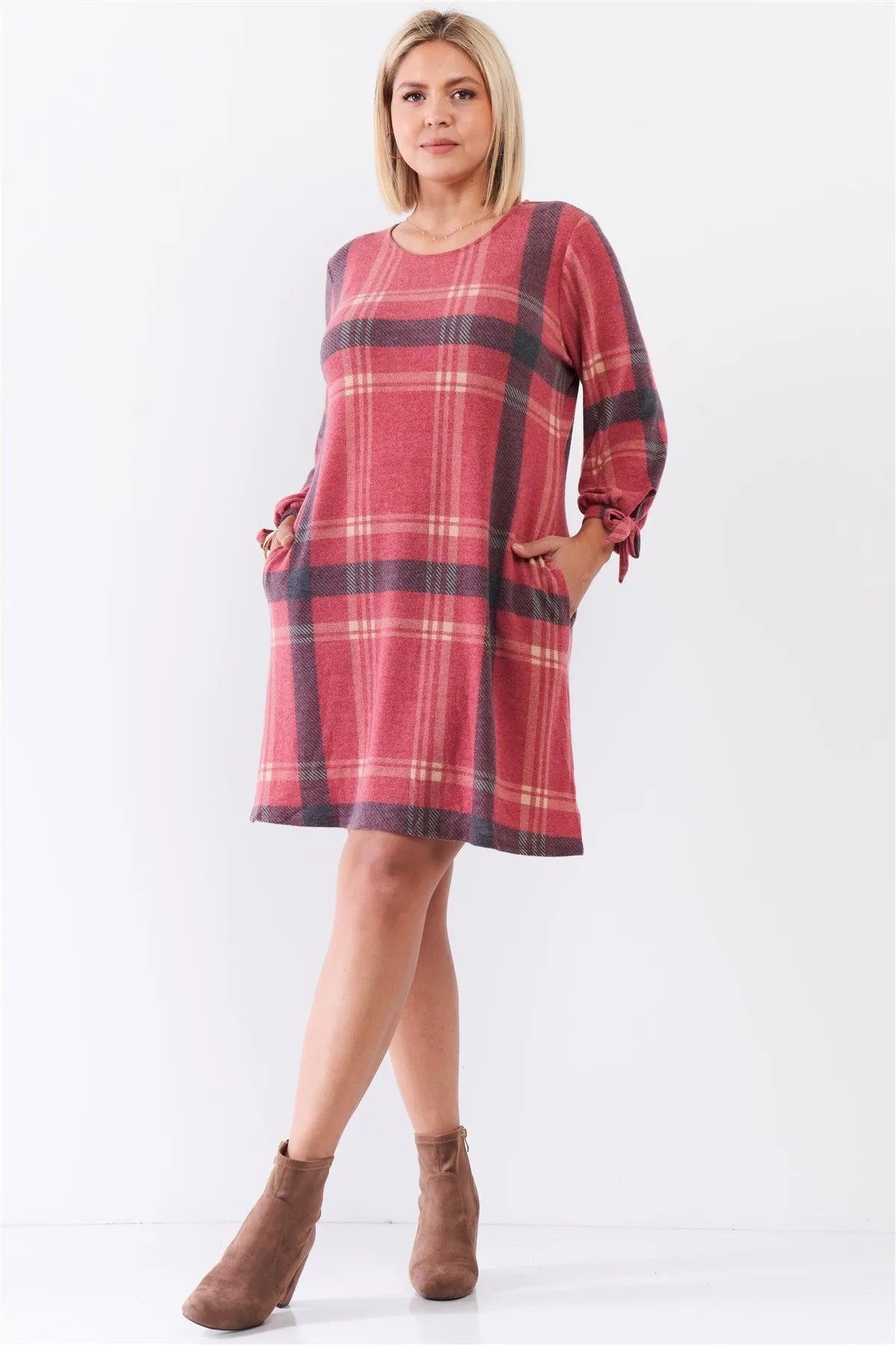 Junior Plus Retro Red Plaid Bow Detail Midi Sleeve Relaxed Soft Mini Dress /3-2-1 - Tasha Apparel Wholesale