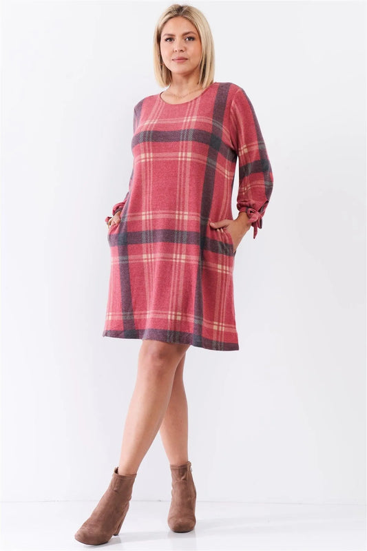 Junior Plus Retro Red Plaid Bow Detail Midi Sleeve Relaxed Soft Mini Dress /3-2-1 - Tasha Apparel Wholesale