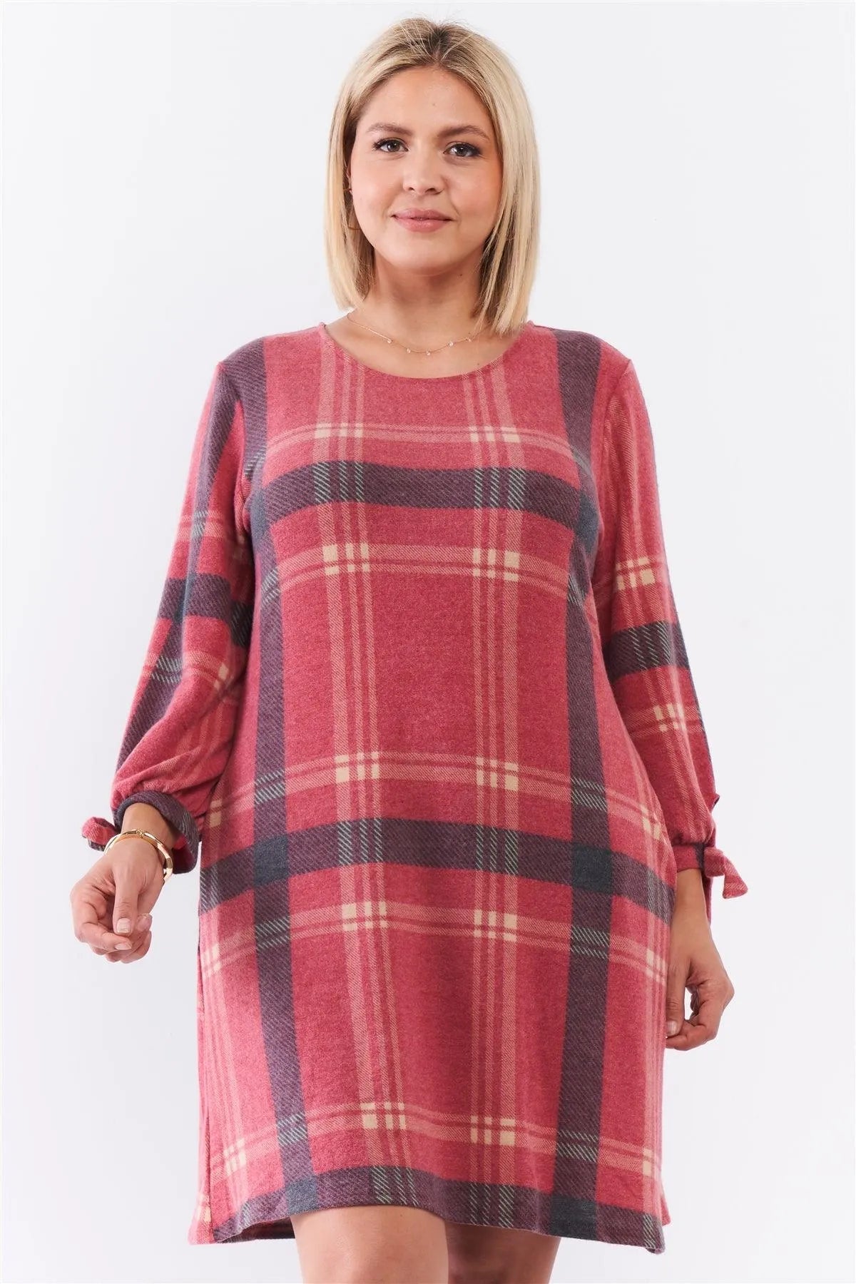 Junior Plus Retro Red Plaid Bow Detail Midi Sleeve Relaxed Soft Mini Dress /3-2-1 - Tasha Apparel Wholesale
