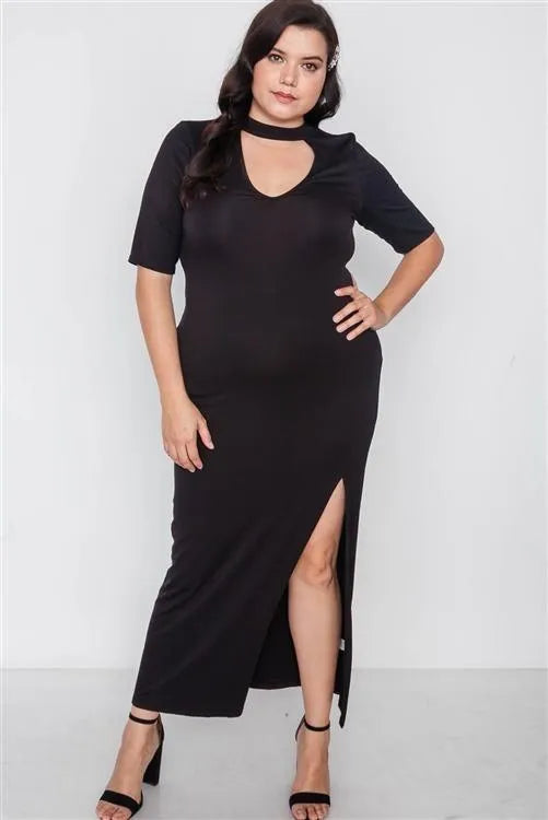 Plus Size Black Site Slit Mock Neck Maxi Dress - Tasha Apparel Wholesale