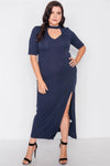 Plus Size Navy Side Slit Mock Neck Maxi Dress - Tasha Apparel Wholesale