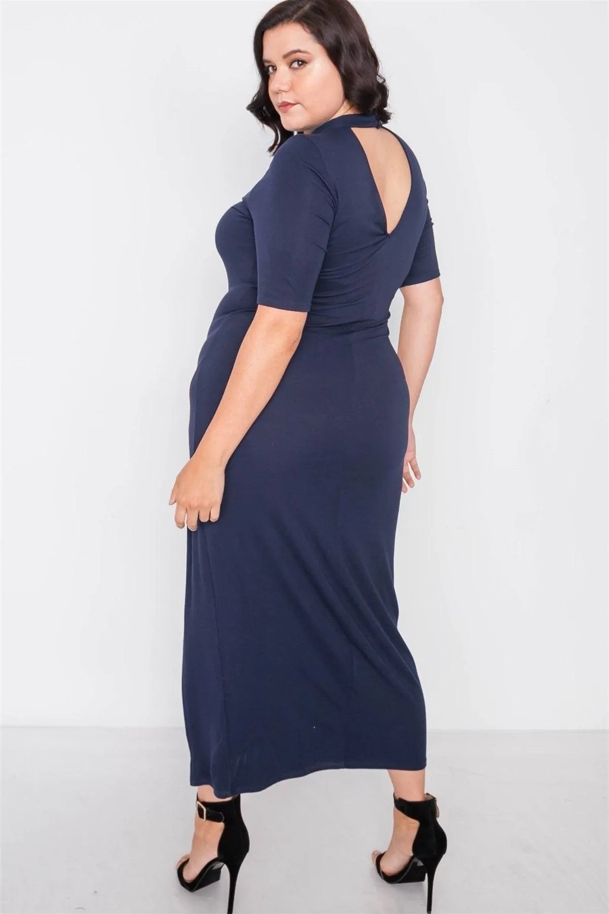 Plus Size Navy Side Slit Mock Neck Maxi Dress - Tasha Apparel Wholesale
