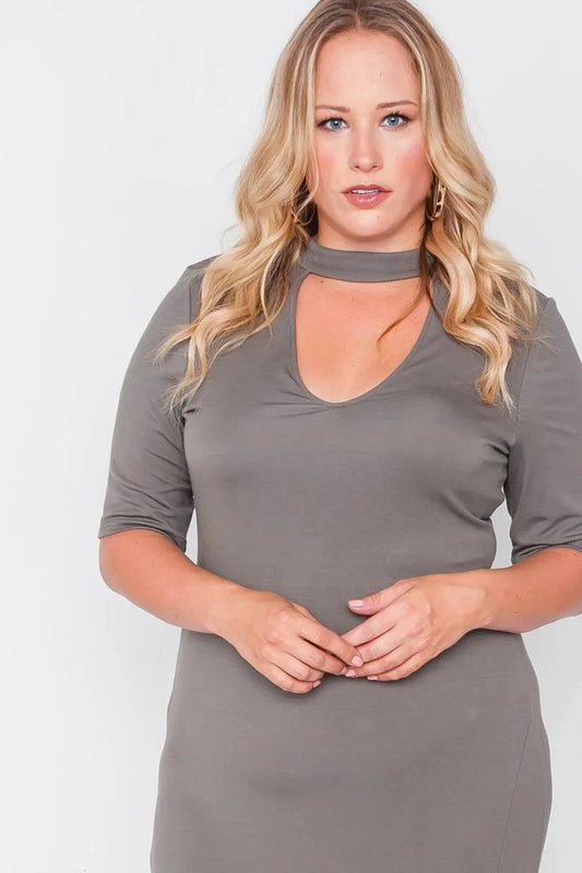 Plus Size Olive Site Slit Mock Neck Maxi Dress - Tasha Apparel Wholesale