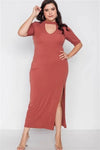 Plus Size Rust Site Slit Mock Neck Maxi Dress - Tasha Apparel Wholesale