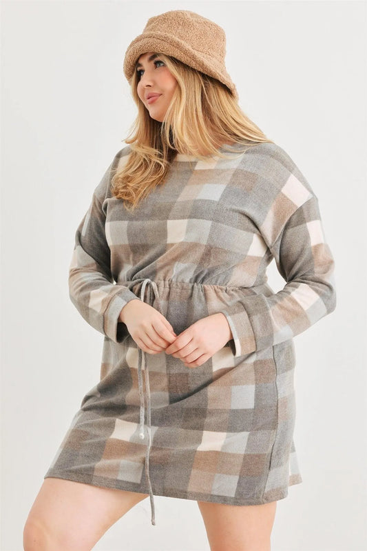 Junior Plus Grey & Taupe Plaid Elastic Waist Long Sleeve Mini Dress /3-2-1 - Tasha Apparel Wholesale