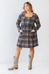 Junior Plus Navy & Ivory Plaid Houndstooth Print Two Pocket Flare Hem Mini Dress /2-2-1 - Tasha Apparel Wholesale