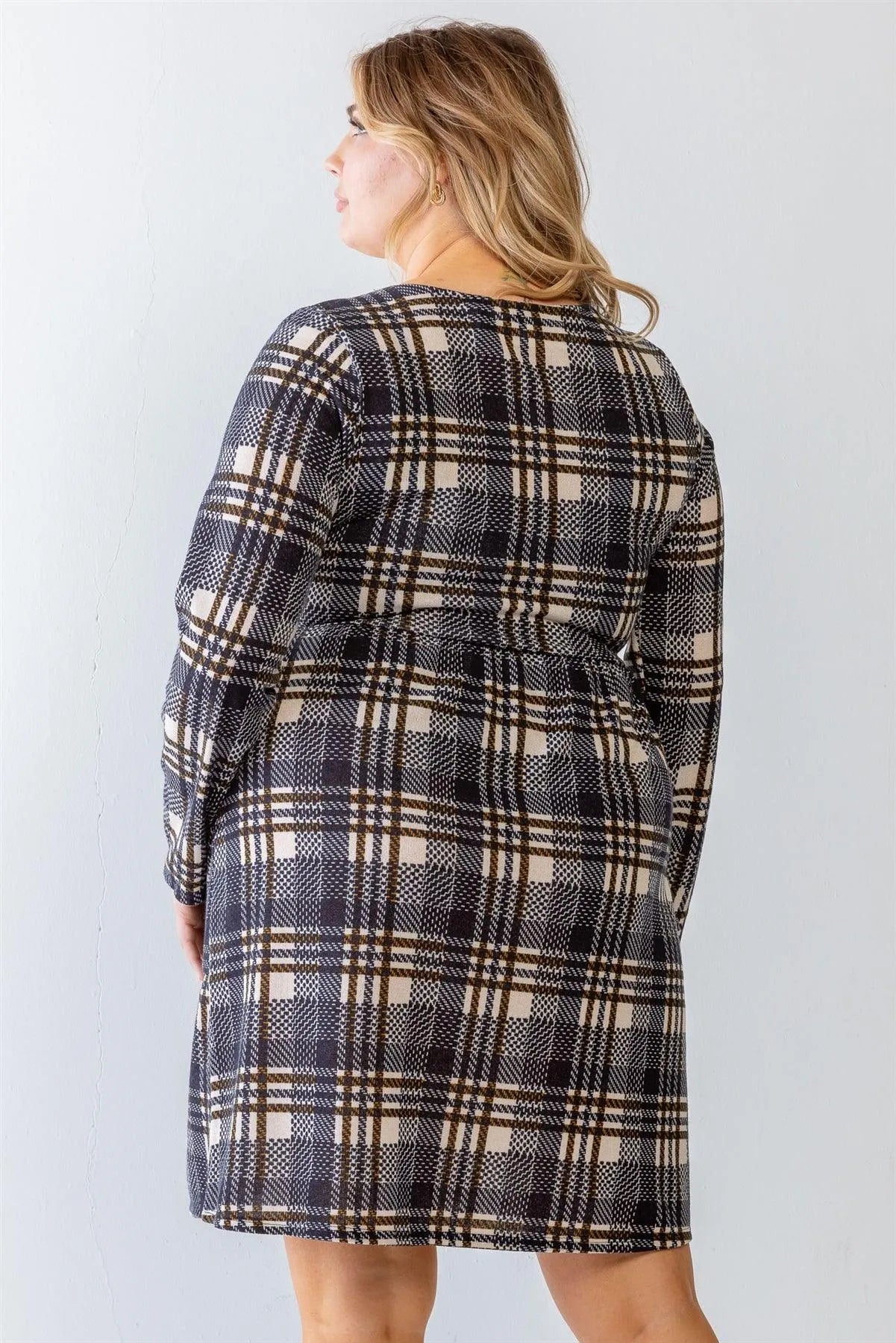 Junior Plus Navy & Ivory Plaid Houndstooth Print Two Pocket Flare Hem Mini Dress /2-2-1 - Tasha Apparel Wholesale