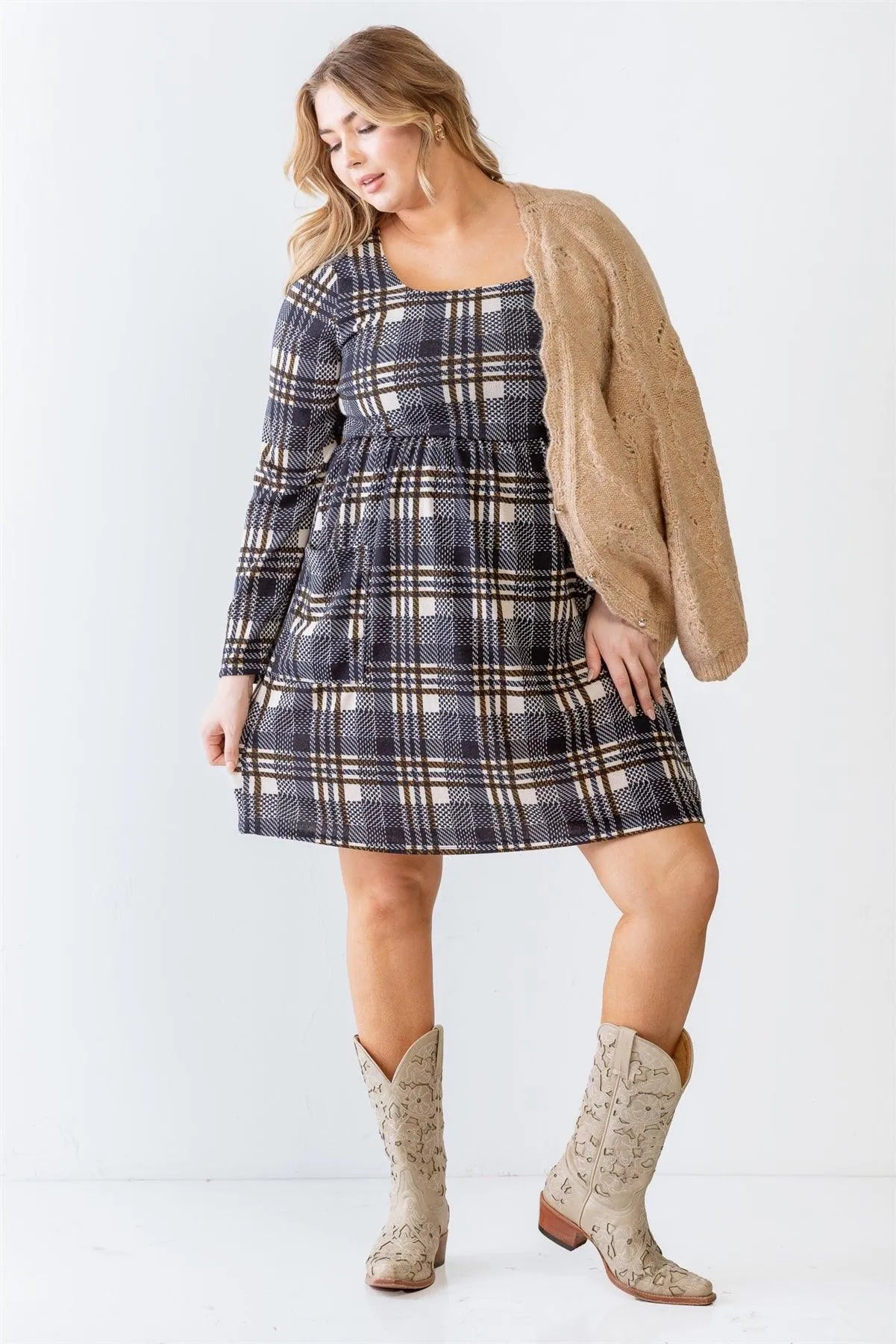 Junior Plus Navy & Ivory Plaid Houndstooth Print Two Pocket Flare Hem Mini Dress /2-2-1 - Tasha Apparel Wholesale