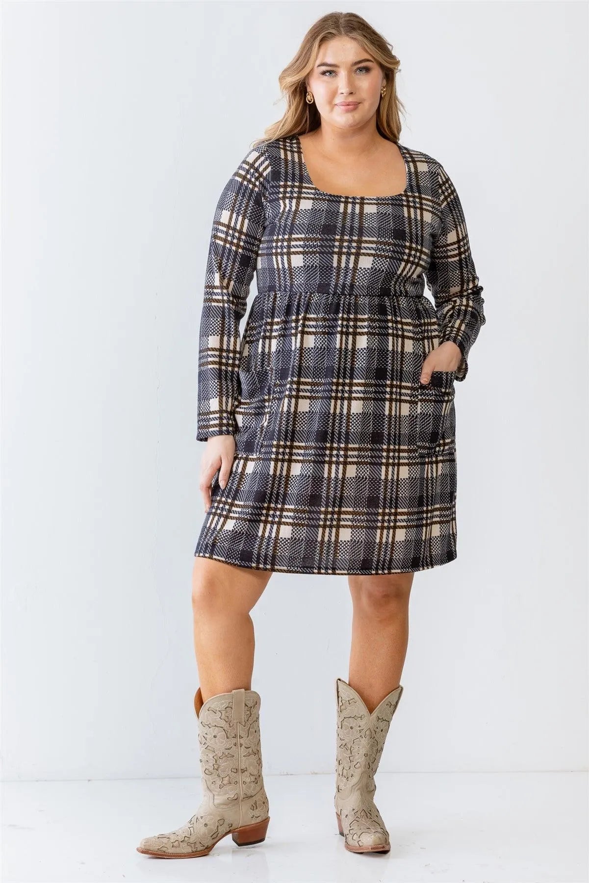Junior Plus Navy & Ivory Plaid Houndstooth Print Two Pocket Flare Hem Mini Dress /2-2-1 - Tasha Apparel Wholesale