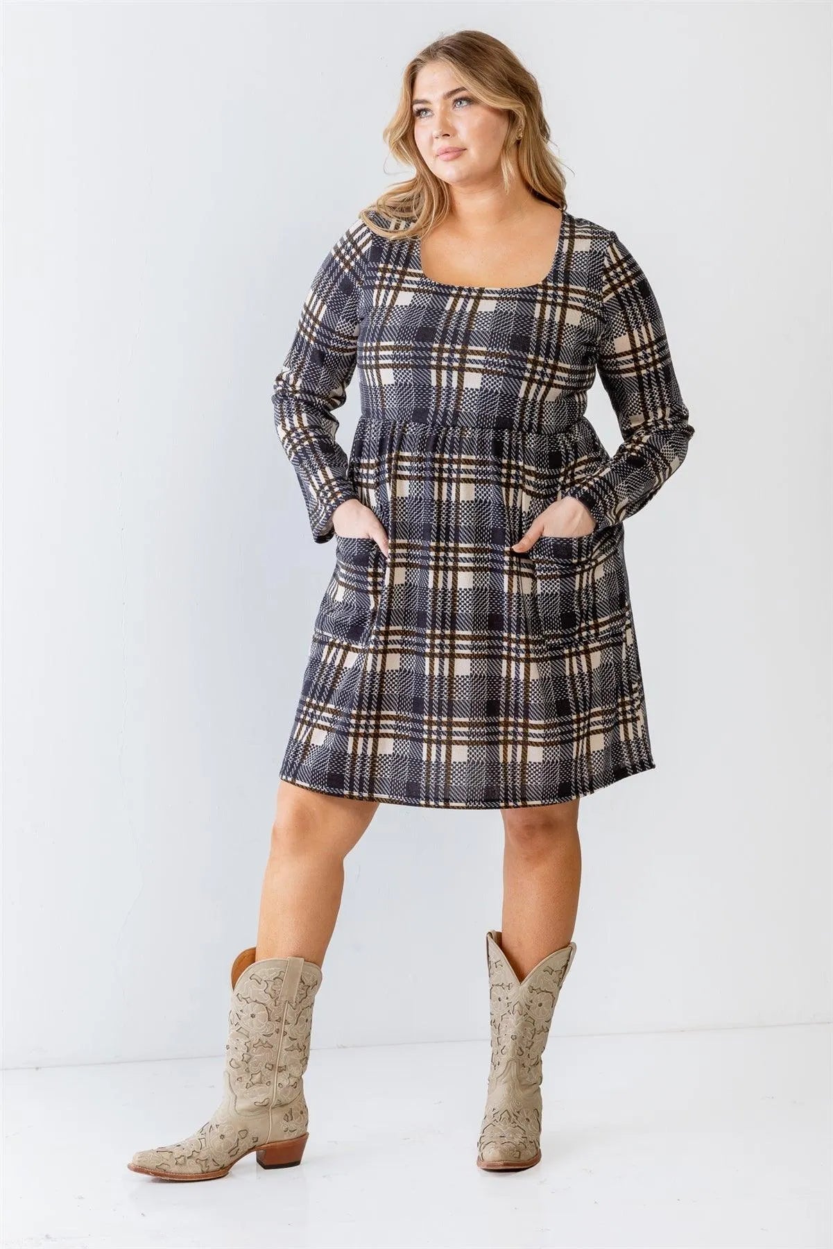 Junior Plus Navy & Ivory Plaid Houndstooth Print Two Pocket Flare Hem Mini Dress /3-2-1 - Tasha Apparel Wholesale