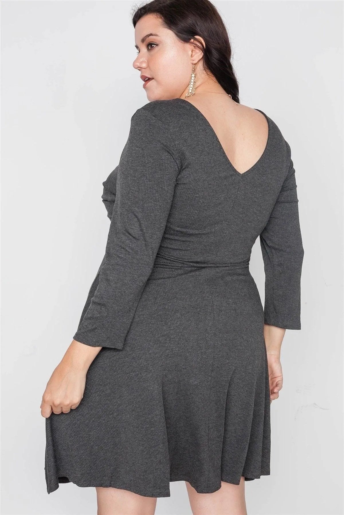 Plus Size Ribbed Charcoal V-Neck Dress - Tasha Apparel Wholesale